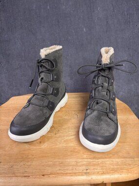 Sorel Womens Explorer Joan Snow Winter Boots Gray Suede Faux Fur NL4462-028 US 7
